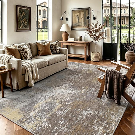 5x7 Rugs for Living Room - Modern Abstract Washable Rug, Ultra Soft Non Slip Low Pile Large Rugs, Floor Carpet for Bedroom Dining Room Office Laundry Nursery Home（Taupe）