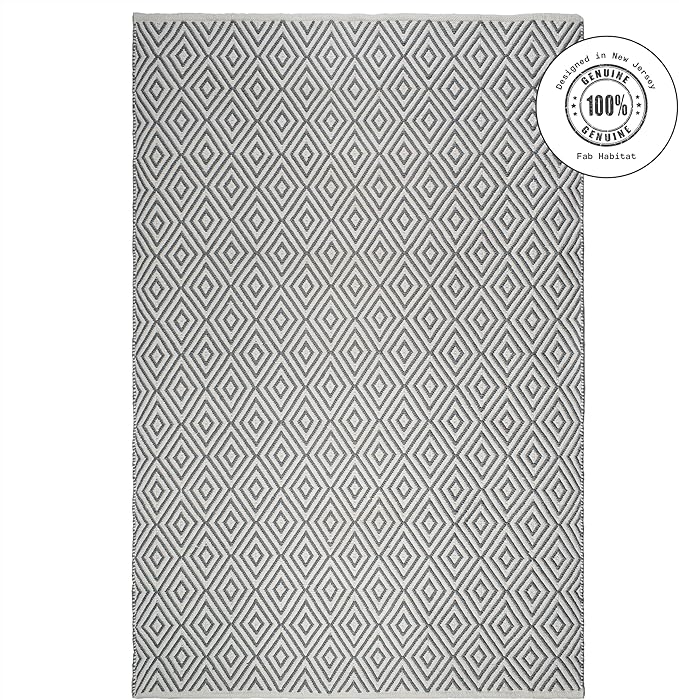 Fab Habitat Machine Washable Area Rug - Hand Woven, Stain Resistant, Pet Friendly - Premium Recycled Polyester Yarn - Diamonds - Bedroom, Living Room - Veria - Gray & White - 4 x 6 ft