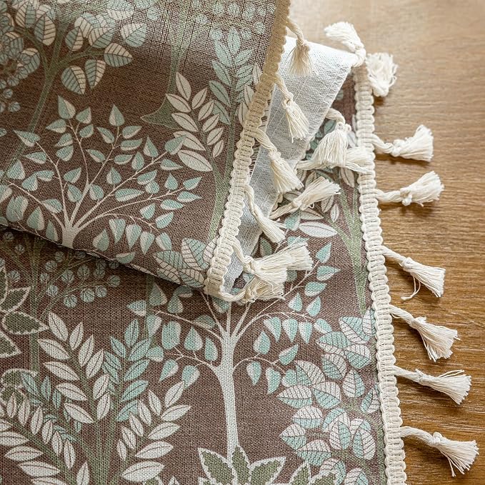 OYX Vintage Curtains 63 Inch, Farmhouse Curtain Botanical Drapes with Tassels, Linen Textured Light Filtering Semi Sheer Curtains for Living Room Bedroom,2 Panels,Rod Pocket, 52Wx63L