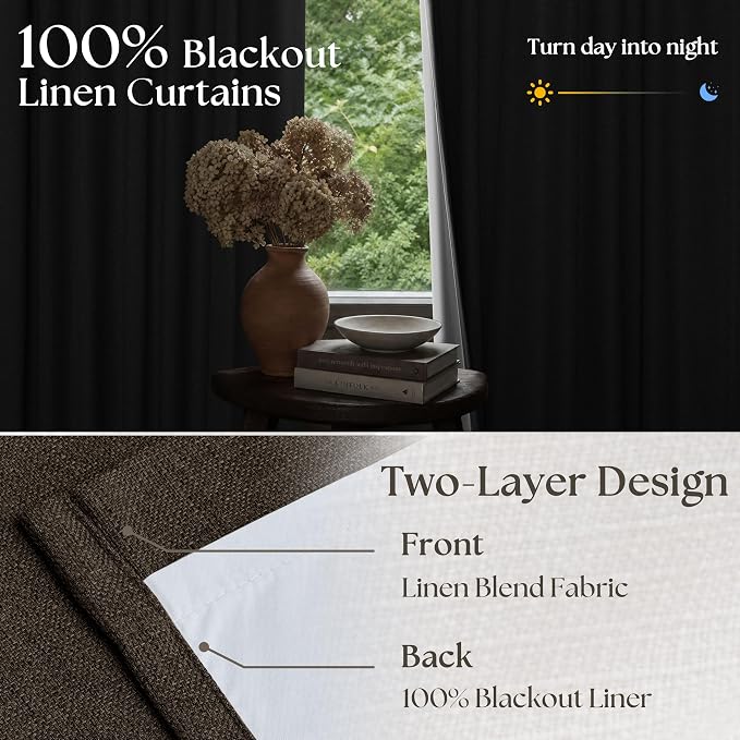 100% Blackout Linen 102 Inch Curtains 2 Panel Set for Bedroom Pinch Pleated Dark Brown Chocolate Linen Insulated Heavy Curtain 40 x 102 Inches Length Sliding Glass Door Room Darkening Drapes