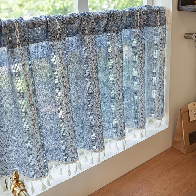 Deeprove Boho Valance Window Kitchen Curtain Over Sink, Textured Striped Drape Short Semi Sheer Privacy Tier Embroidered Chic for Cafe Restaurant Closet Bathroom, W52 x L18 inch 1 Panel Denim Blue