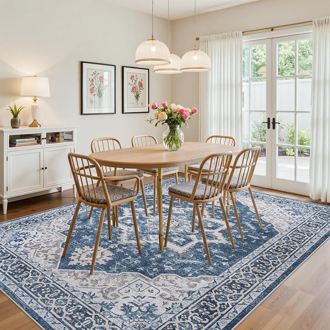 9x12 Area Rugs for Living Room:Blue Washable Vintage Medallion Boho Rug Non-Slip No Slip Stain Resistant Soft Low Pile Large Rugs Indoor Retro Carpet for Bedroom Nursery Dining Office (Blue 9'x12')