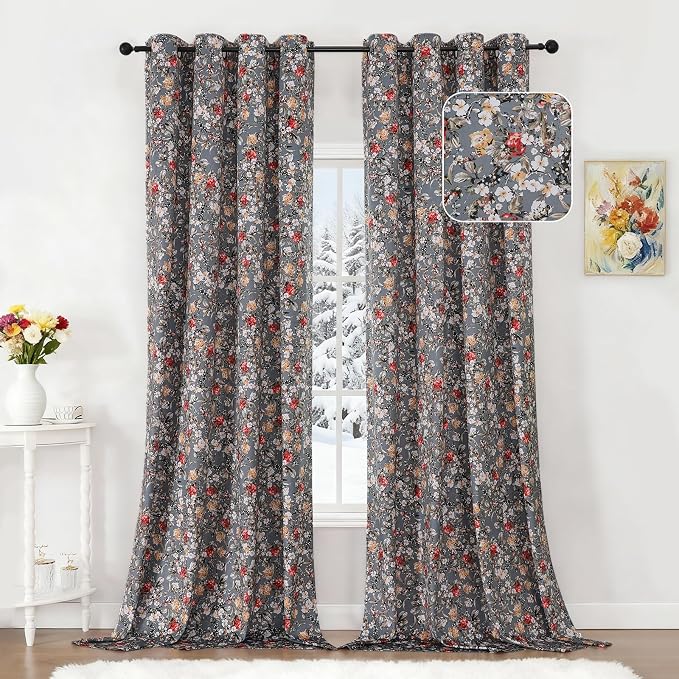 Estelar Textiler Grey Velvet Blackout Curtains 84 inch Long 2 Panels for Living Room,Thermal Insulated Boho Vintage Floral Gray Curtains,Luxury Room Darkening Window Grommet Drapes for Bedroom,52Wx84L