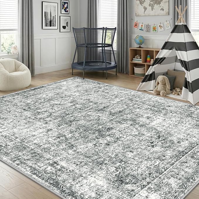 CAPALOCA Machine Washable Rugs Nursery Rug 9x12 Cute Girl Non Slip Low Pile Water Repellent Soft Print Pattern for Bedroom Indoor Decor Kids Playroom Grey