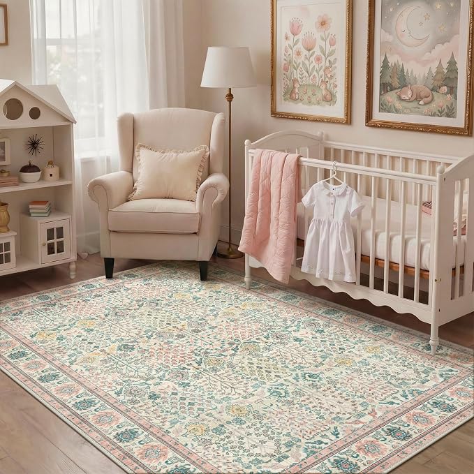 Bavni 2.6x7 Rug Runners for Hallways, Washable Runner Rug Non Slip,Vintage Floral Print Style Rugs for Bedroom-Lightweight Low Pile Carpet for Hallways Bathroom, Pink