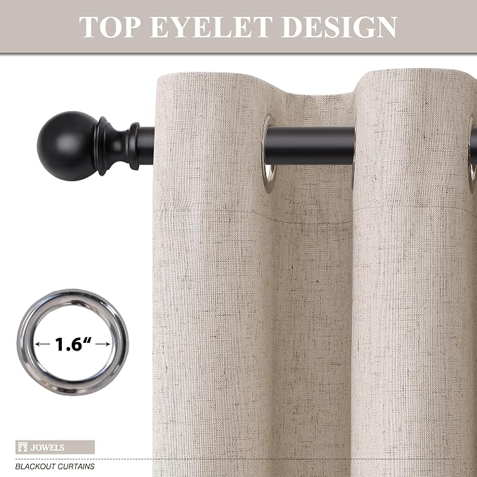 Jowels Oatmeal Linen Blackout Curtains 84 Length 2 Panels Set for Living Room Bedroom, 100% Black Out Thermal Insulated Linen Drapes, Room Darkening Grommet Curtains 84 Inches Long