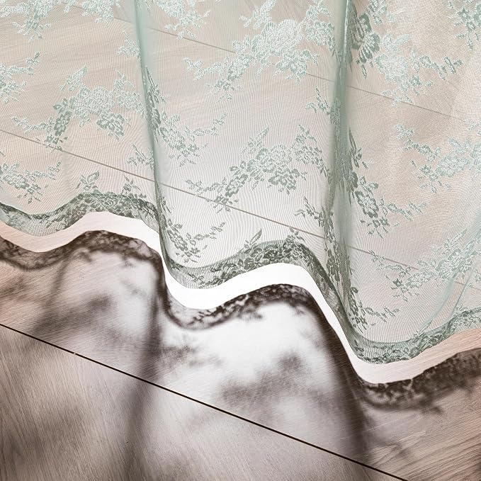 MEETSKY Boho Lace Curtains 54 Inch Length Vintage French Sheer Curtains for Small Windows Rod Pocket Transparent Light Filtering Drapes, 50" Wide Each Panel, Sage Green, 2 Panels Set