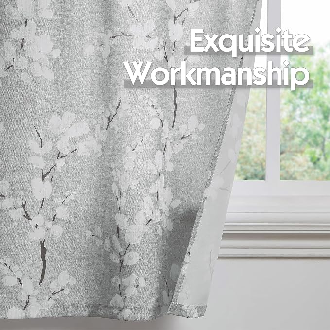 FMFUNCTEX Gray-White Kitchen Valance Curtain 15-inches Length Blossom Print Canvas Window Curtain Valance for Cafe Floral Botanical Pattern Window Top Curtain Rod Pocket 1 Pack