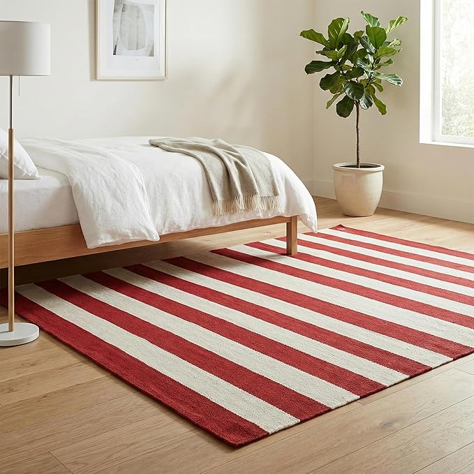 Fab Habitat Machine Washable Area Rug - Hand Woven, Stain Resistant, Pet Friendly - Premium Recycled Polyester Yarn - Stripes - Bedroom, Living/Dining Room - Nantucket - Red & White - 5 x 8 ft