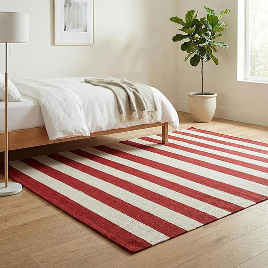 Fab Habitat Machine Washable Area Rug - Hand Woven, Stain Resistant, Pet Friendly - Premium Recycled Polyester Yarn - Stripes - Bedroom, Living/Dining Room - Nantucket - Red & White - 5 x 8 ft