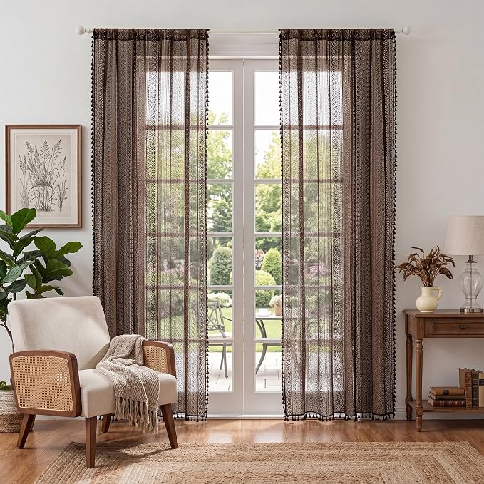 WAZZIO Boho Lace Curtains 84 Inches 2 Panel,Light Filtering Privacy Tassel & Geometry Crochet Semi Sheer Curtain Drapes for Bedroom Living Dining Room,Rod Pocket & Tassel,Chocolate Brown