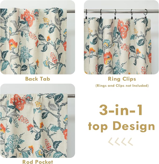 DriftAway Ada Floral Botanical Print Flower Leaf Lined Thermal Insulated Room Darkening Blackout Window Curtains 2 Layers Set of 2 Panels Each 52 Inch by 90 Inch Orange Teal Beige Linen