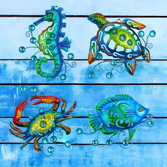 Metal Ocean Beach Theme Wall Decor Art, Set of 4 Sea Turtle Seahorse Crab Tropical Fish Indoor Bathroom Décor, 11 Inch Deep Blue Sea Wall Christmas Decoration, Metal Outdoor Yard Art Decorations