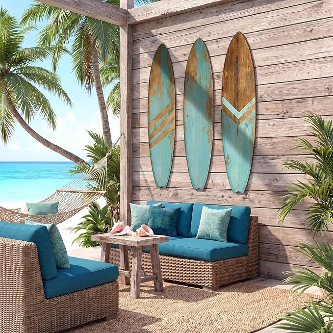 Yookeer 3 Pcs Surfboard Wall Decor,36" x 12" Large Wooden Coastal Beach Wall Decor Set, Aesthetic Cute Beachy Tropical Surf Board Art for Room Bedroom Decoration(Blue,Rustic)