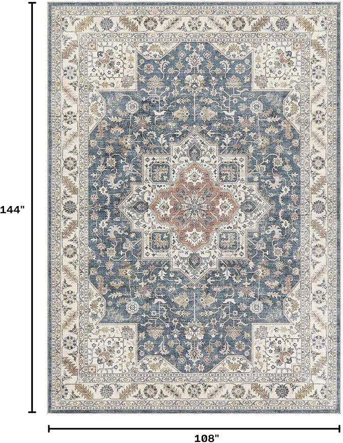 Vintage Living Room Area Rug 9x12 - Large Soft Washable Oriental Traditional Distressed Farmhouse Rugs for Bedroom - Indoor Floor Accent Carpet for Home Office House Decor - Vintage Blue