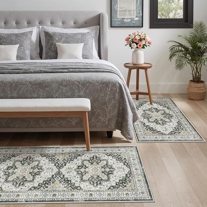 Madane 2-Piece Area Rugs Set, Small Kitchen Runner Non-Slip, Black | Rug Runners Vintage Door Mat Indoor Entrance, Low Pile Floor Carpet for Inside Front Bedroom Entryway Entry Laundry 2x3+2x4