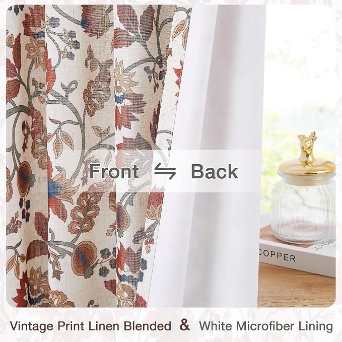 Vision Home Red Floral Pinch Pleat Light Filtering Curtains, Linen Pleated Drapes with Microfiber Liner & Back Tab Hooks for Living Room Bedroom, Vine Botanical Print Panels 40x95 Inch Set of 2