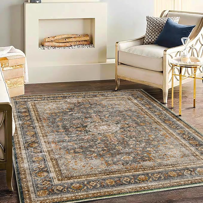 CHAMPLANT Area Rug 6'x9' Washable Vintage Traditional Floor Cover Thin Retro Kitchen Indoor Distressed Non Slip Carpet for Living Room Bedroom Dining Room