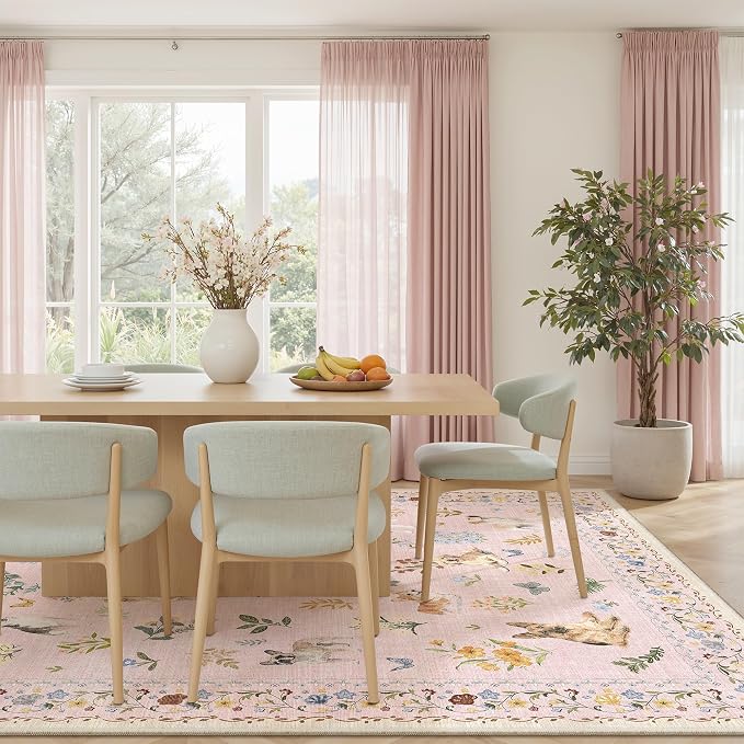 Soalmost Dog 9x12 Pink Area Rugs for Baby Girl Nursery, Washable Animal Floral Vintage Rug Non-Slip Low Pile Soft Throw Rugs for Living Room Dining Room Bedroom Playroom Classroom (9 x 12,Pink)