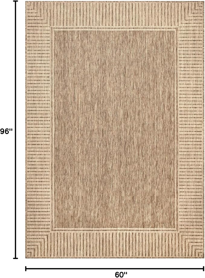 nuLOOM 5' x 8' Outdoor Area Rug, Casual Design With Striped Border, Stain Resistant, Highly Durable, For Patio, Balcony, Bedroom, Living Room, Dining Room, Bathroom, Light Brown