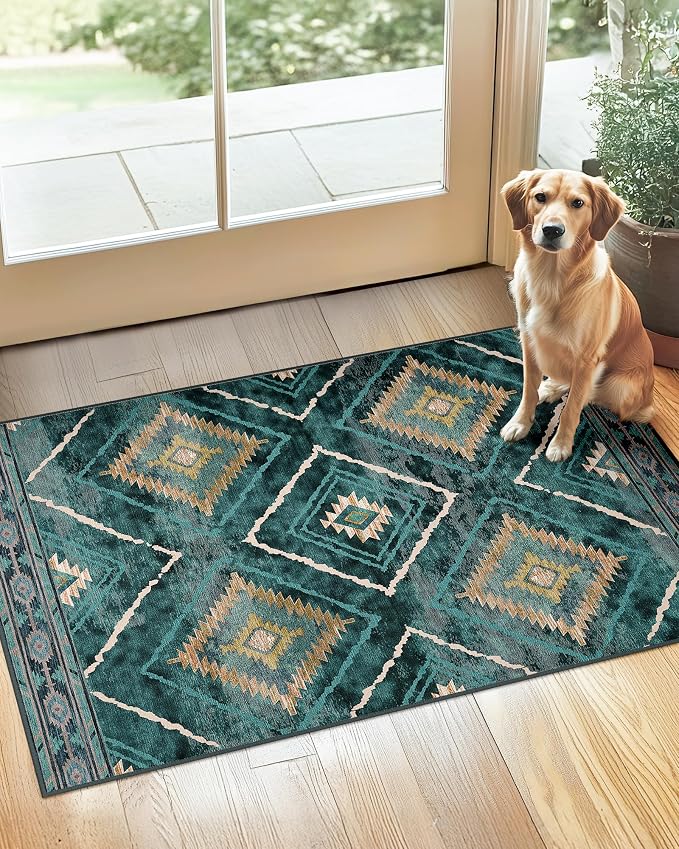 BESTSWEETIE Area Rug 2x3 Rug Machine Washable Non-Slip Low Pile Print Pattern Western Rug for Living Room Bedroom Entryway Tribal Series -Teal/Green