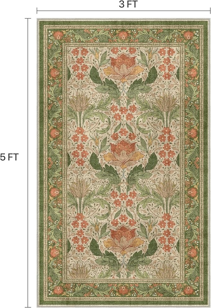 Bavni 3x5 Area Rugs, Floral Machine Washable Rugs for Living Room, Dinning Room, Bedroom, Non Slip Aesthetic Vintage Low Pile Durable Lightweight Farmhouse Rug, Sage Green & Burnt Orange