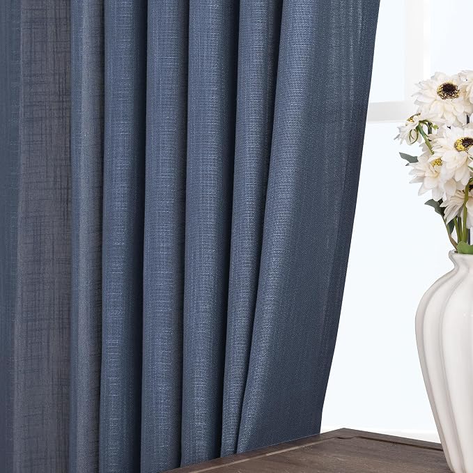 Navy Blue Curtains 90 inch Length for Bedroom Back Tab Light Filtering Semi Sheer Blue Living Room Curtains Linen Cotton Textured Indigo Blue Drapery Panel Modern Aesthetic Decor 60" Wx90 L