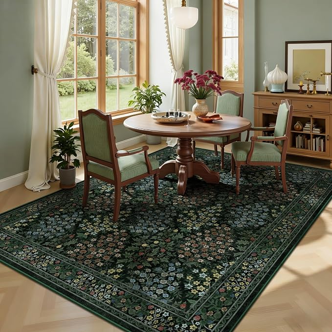 5x7 Area Rugs, Vintage Washable Rug for Bedroom, Indoor Non-Slip Rugs for Living Room, Dining Room, Low Pile Floral Rug(Dark Green Floral)