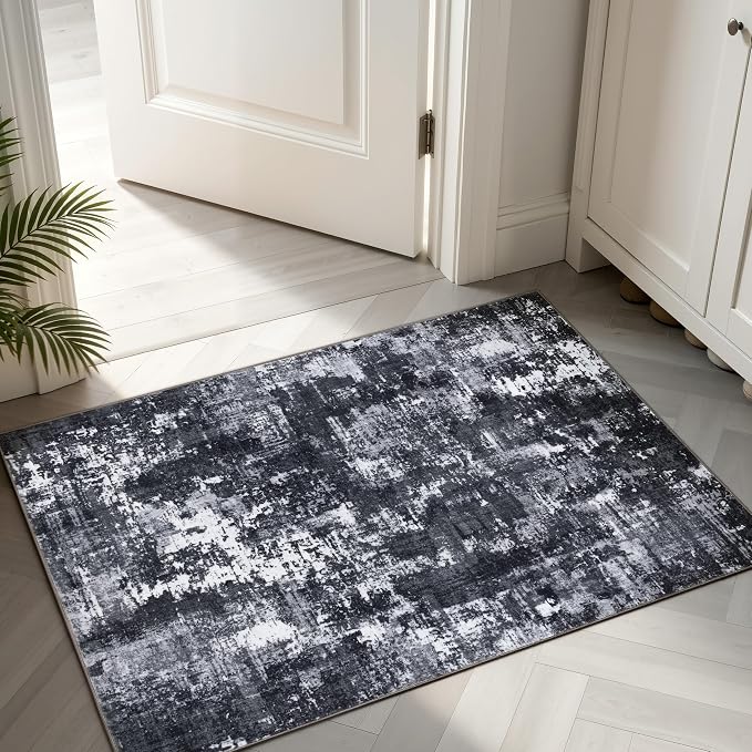Sasttie 2x3 Area Rug for Entryway, Washable Modern Abstract Small Carpet for Living Room Bedroom Door-mat, Soft Entry Rug with Non-Slip Backing, Black and White