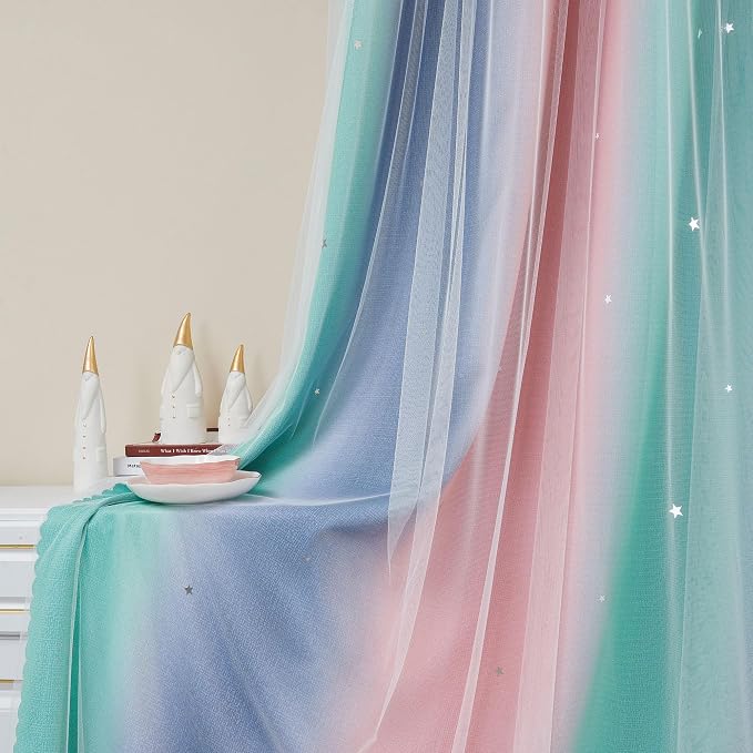 XiDi Curtains for Bedroom Decor, Rainbow Pinkgreen grey52/90