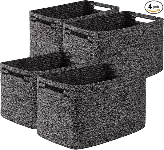 OIASKET Storage Baskets for Organizing, Woven Decorative Baskets for Shelves - Books, Towels, and Clothes, Cotton Rope Toy Storage Bins, 12.7''Lx9''Wx7.8''H, Pack of 4, Black and White