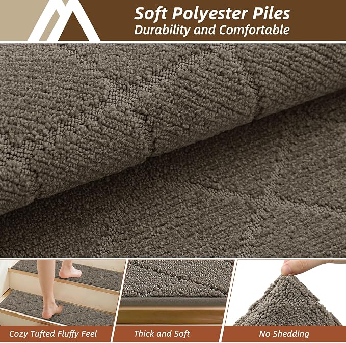 COSY HOMEER Stair Treads for Wooden Steps 9"x28" Washable Indoor Carpet Stair Treads Non Slip Soft Polyester Stair Carpet Tread Reusable Stair Runner Rugs for Kids, Elders,Pets,Light Brown,7pcs
