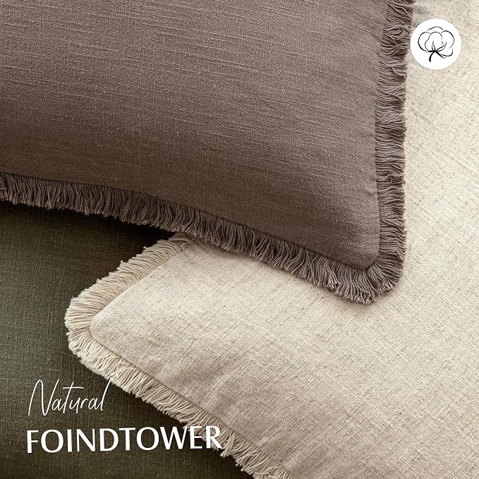 Foindtower Set of 2 Decorative Linen Fringe Throw Pillow Covers Boho Farmhouse Cushion Cover with Tassels Soft Accent Pillowcase for Couch Sofa Bed Living Room Home Decor,26×26 Inch,Light Coffee