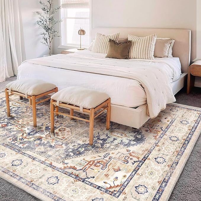 CHAMPLANT Area Rug 5'x7' Blue Khaki Washable Vintage Traditional Floor Cover Thin Retro Kitchen Indoor Distressed Non Slip Carpet Floral Print Mat for Living Room Bedroom Dining Room