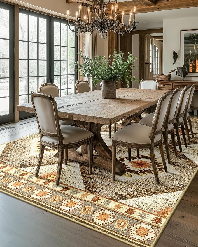BESTSWEETIE Area Rug 6x8 Rug Machine Washable Non-Slip Low Pile Print Pattern Western Rug for Living Room Bedroom Entryway Tribal Series-Cream/Camel
