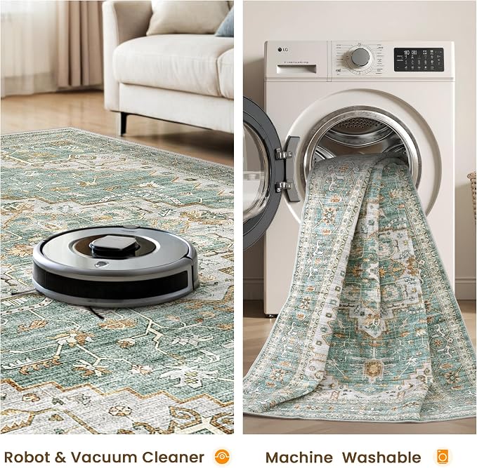Area Rugs for Living Room - 4x6, Boho Non-Slip Low Pile Carpet Machine Washable Rugs for Bedroom, Farmhouse, Office, Dining Room (Green)