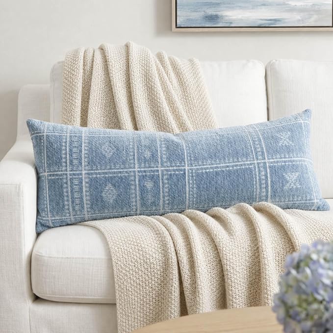 BlissBlush Decorative Lumbar Pillow Cover 14x36, Long Decorative Throw Pillow for Bed,Coastal Blue Textured Chenille Accent Pillowcase for Bedroom Home Décor (Cover Only)