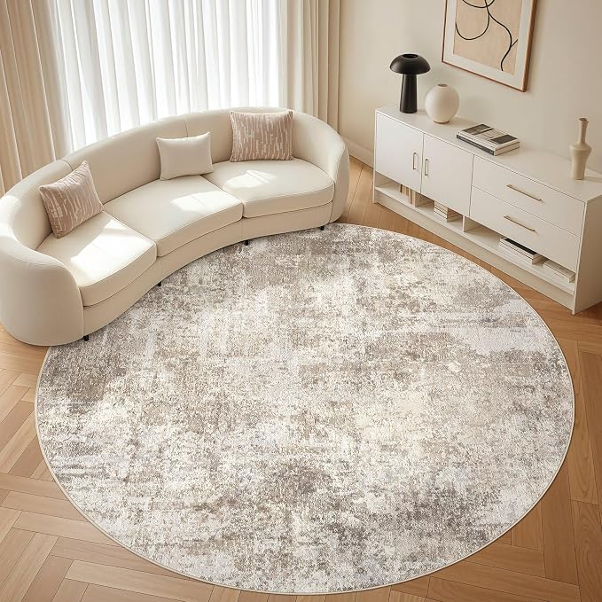 8ft Round Rug Living Room Rugs: 8x8 Washable Circle Large Abstract Modern Soft Stain Resistant Non-Slip Indoor Floor Carpet for Bedroom Nursery Office Dining Room Playroom Home House- Beige Brown