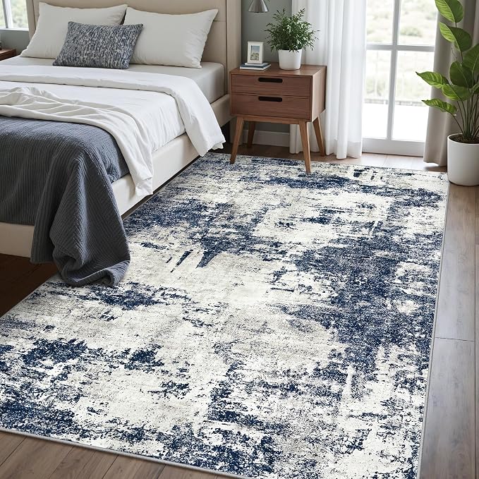 Washable Rug 6x9 Area Rugs: Soft Large Living Room Rug with Anti-Slip Backing Non-Shedding Stain-Resistant Modern Abstract Carpet for Bedroom Dining Room Nursery Home Office-Gray/Blue