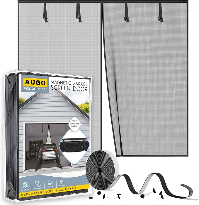 AUGO Garage Door Screen, 2 Car 8x7FT, Fiberglass mesh with Magnetic Closure, Heavy Duty Weighted Bottom, Easy Assembly & Pass, Hands Free Screen Door
