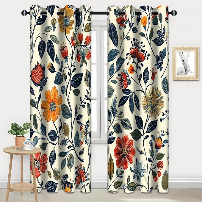 Floral Leaves Blackout Curtain, Red Yellow Boho Flowers Aesthetic Art Window Curtains Darkening Thermal Insulated Grommet Window Drapes for Living Room Bedroom Decor 2 Panels 52x63 Inches