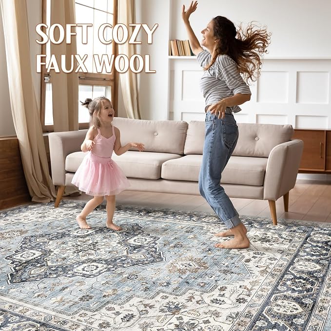 7x9 Area Rug Living Room: Washable Boho Large Neutral Vintage Soft Rugs Stain Resistant Farmhouse Non-Slip Indoor Floor Carpet for Bedroom Nursery Kids Playroom Office Dining Room- Blue Tan
