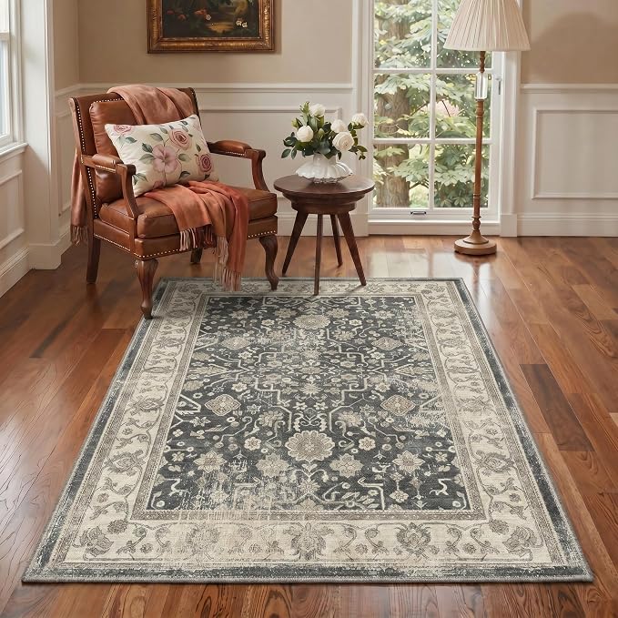 Bavni 2x3 Doormat, Machine Washable Runner Rug Non Slip, Vintage Floral Oriental Floral Rugs for Entrance, Lightweight Low Pile Carpet for Hallways Kitchen and Corridor, Dusty Charcoal