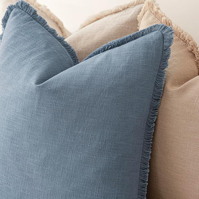 Foindtower Set of 2 Decorative Linen Fringe Throw Pillow Covers Cozy Boho Farmhouse Cushion Cover with Tassels Soft Accent Pillowcase for Couch Sofa Bed Living Room Home Decor, 20×20 Inch, Misty Blue