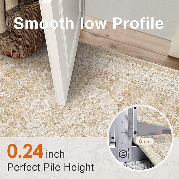 HUGEAR Area Rugs 9x12 Machine Washable Vintage Beige Brown Living Room Bedroom Rug Throw Carpet Non Slip Stain Resistant Low Pile for Home Retro Aesthetic Modern Decor