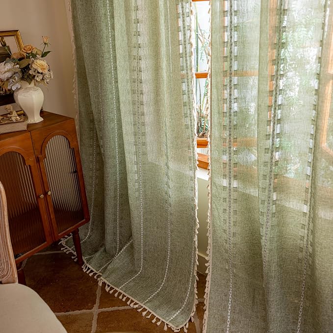 Sage Green Boho 96 inch Curtains 2 Panel Set for Living Room Dining room Floor to Ceiling , Light Filtering Tassels Privacy Country Vintage Christmas Bohemian Stripes Window Treatment Back Tab, 50"W