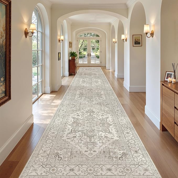 Madane Hallway Runner Rug 3x18 Washable Kitchen Runners 18ft, Beige/Brown | Vintage Non Slip Extra Long Area Rugs for Hallways, Soft Low-Pile Farmhouse Wide Floor Carpet for Entryway Bathroom Bedroom