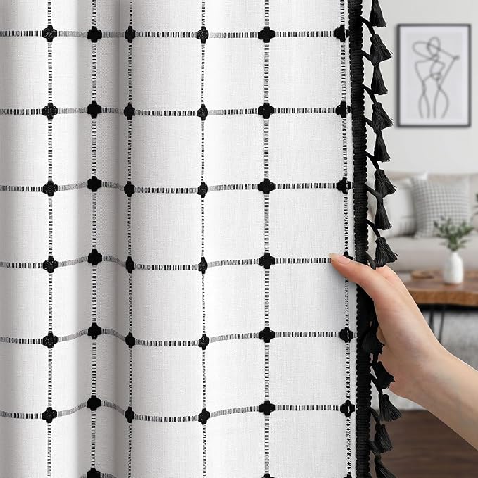 Boho Blackout Black Plaid Curtains 84 Inch Linen Blend Drapes with Tassels 2 Panels, Cotton Embroidered Farmhouse Curtains for Living Room Bedroom