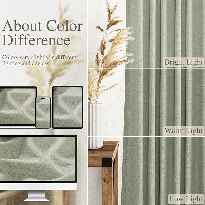 Sage Green Large Window Curtains Light Filtering Semi Sheer Privacy Linen Textured Curtain for Patio Sliding Glass Door Extra Wide Rustic Farmhouse Drapes for Living Room Bedroom Sunroom 100x90 Inch