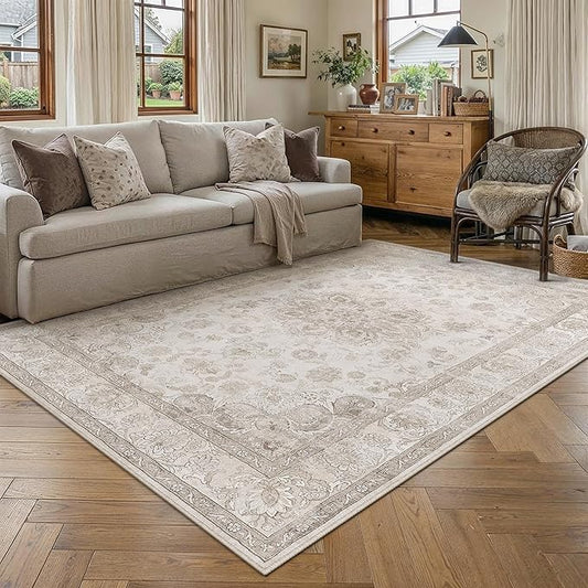 PureCozy Beige Area Rug 6x9 Washable Vintage Living Room Bedroom Carpet Non Slip Soft Low Pile Distressed Medallion Indoor Floor Retro Throw Large Rug for Dining Room Office